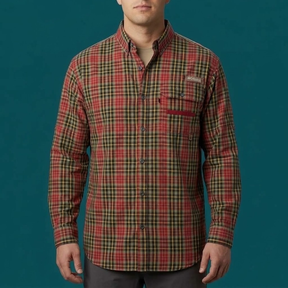 Columbia PHG FM0001 Hunting Shirt Mens L Red Plaid Long Sleeve EUC